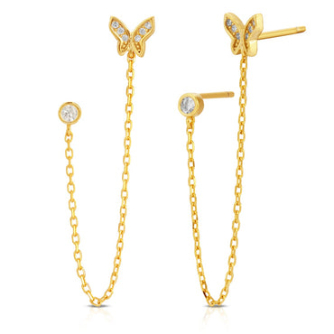 Butterfly Stud Earring with Chain and Second CZ Stud