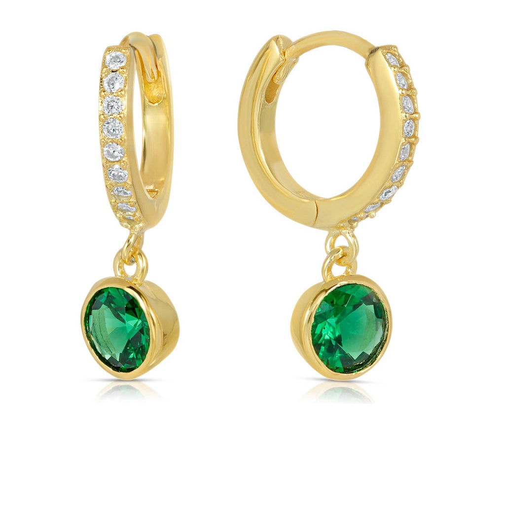Dainty Dangle Green Simulated Emerald 925 Sterling Silver Hoop Earring