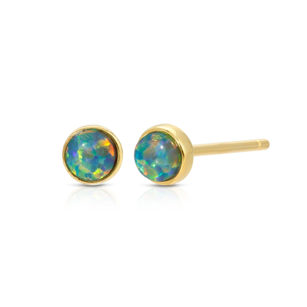 Genuine opal round stud earrings in sterling silver- White Fire, Sky Blue, Green