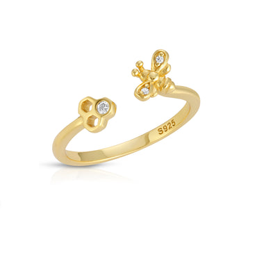 Honeycomb and Bee Adjustable Ring Sterling Silver