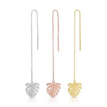 Leaf threader sterling silver, Monstera thread earring