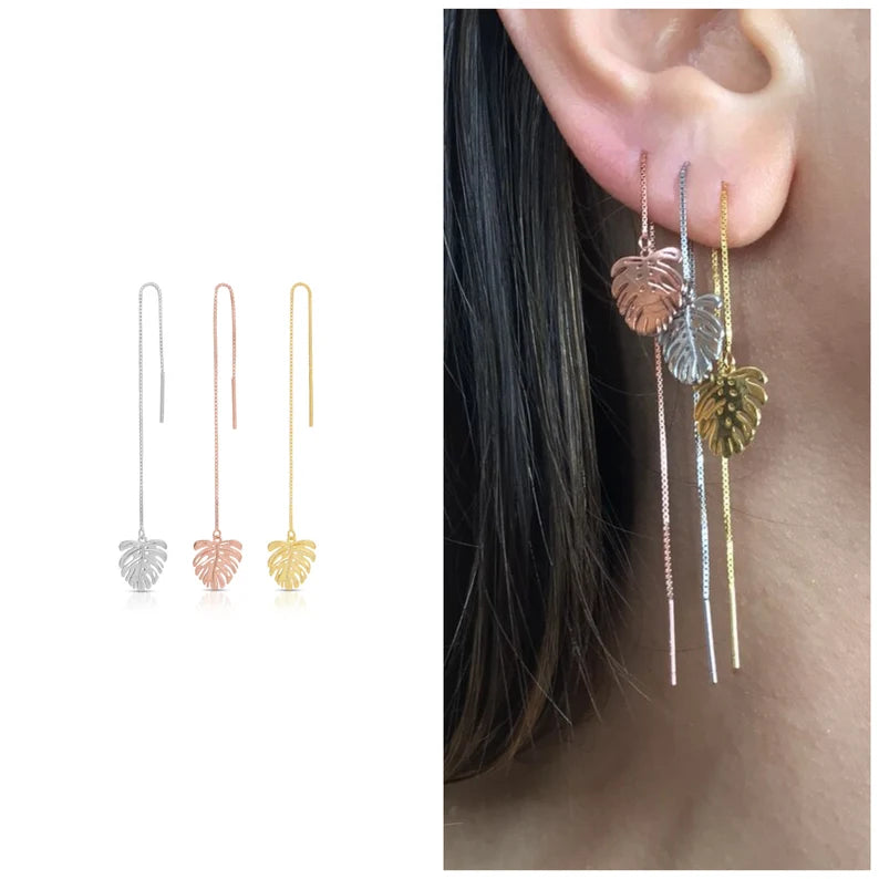Leaf threader sterling silver, Monstera thread earring