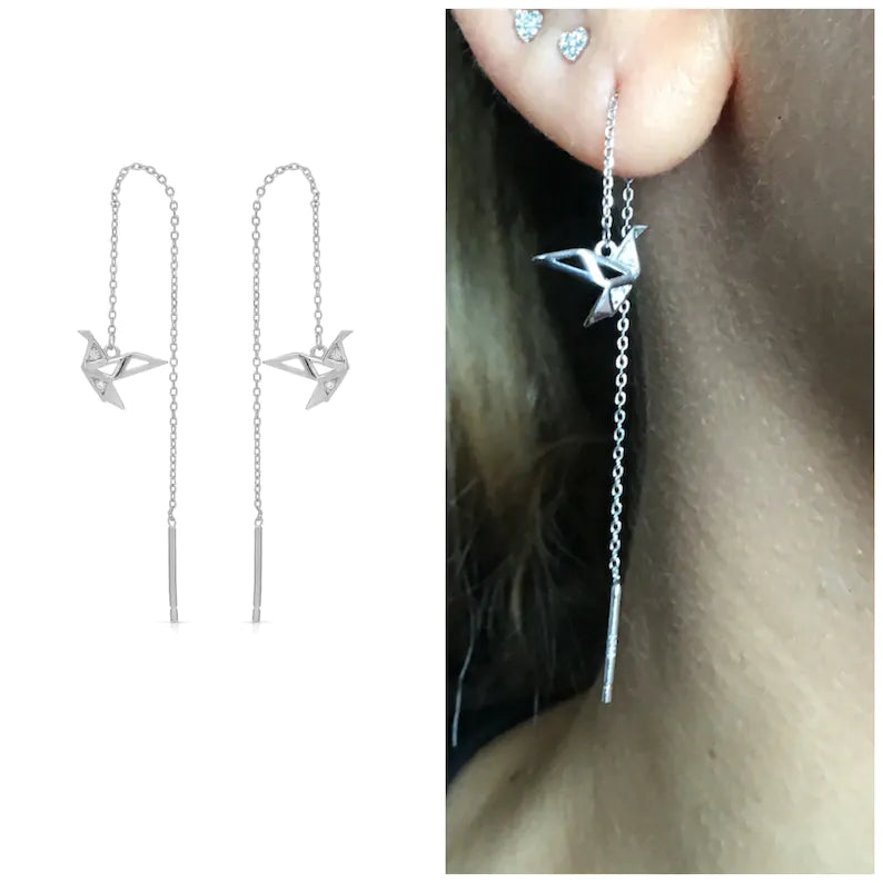 Sterling silver paper crane drop ear threader earring