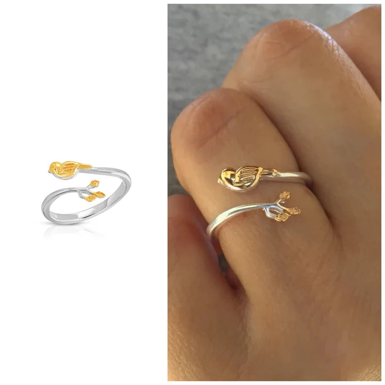 Golden bird with gold twigs adjustable ring sterling silver