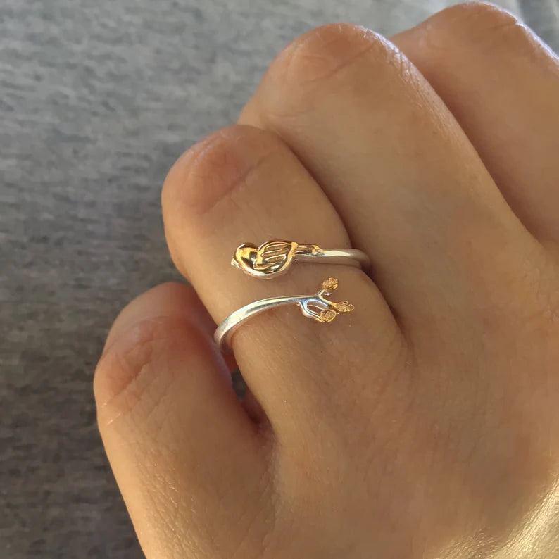 Golden bird with gold twigs adjustable ring sterling silver