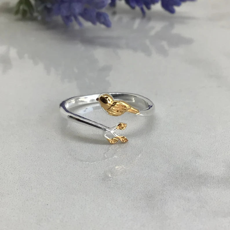 Golden bird with gold twigs adjustable ring sterling silver