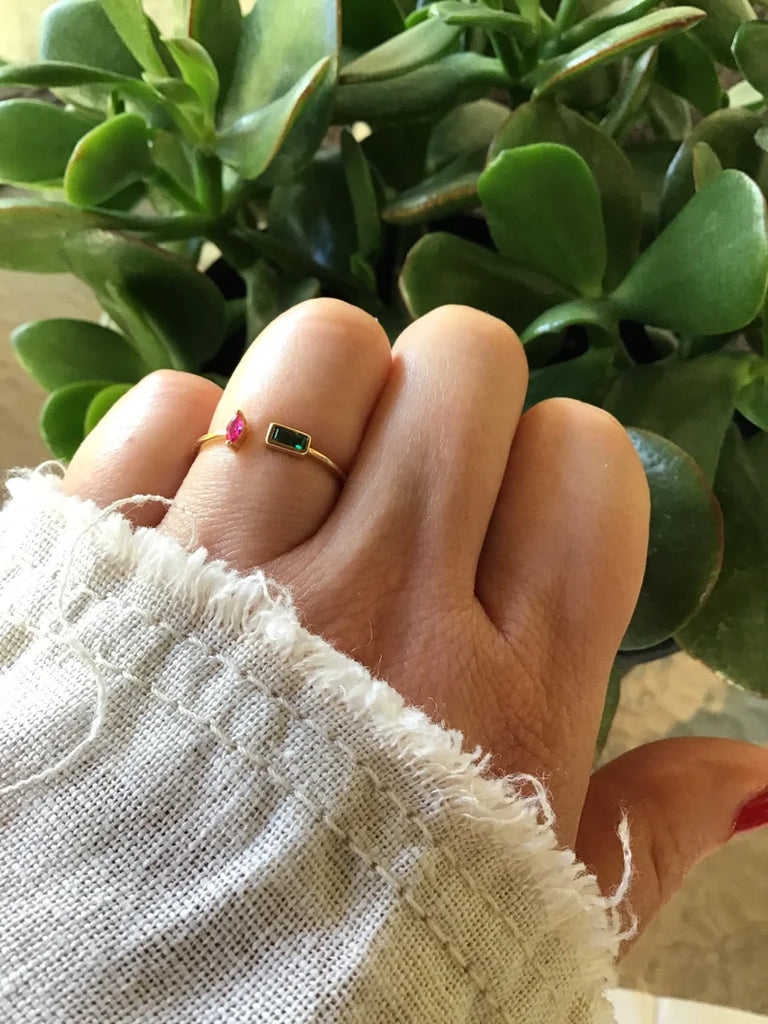 Emerald and Tourmaline Adjustable Ring Sterling Silver