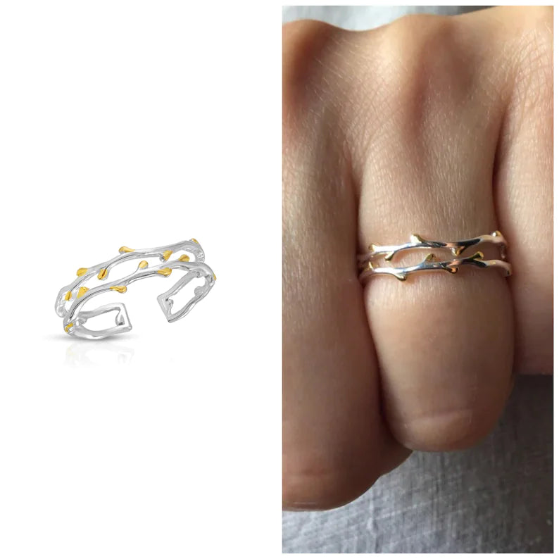 Golden tiny leaves adjustable ring