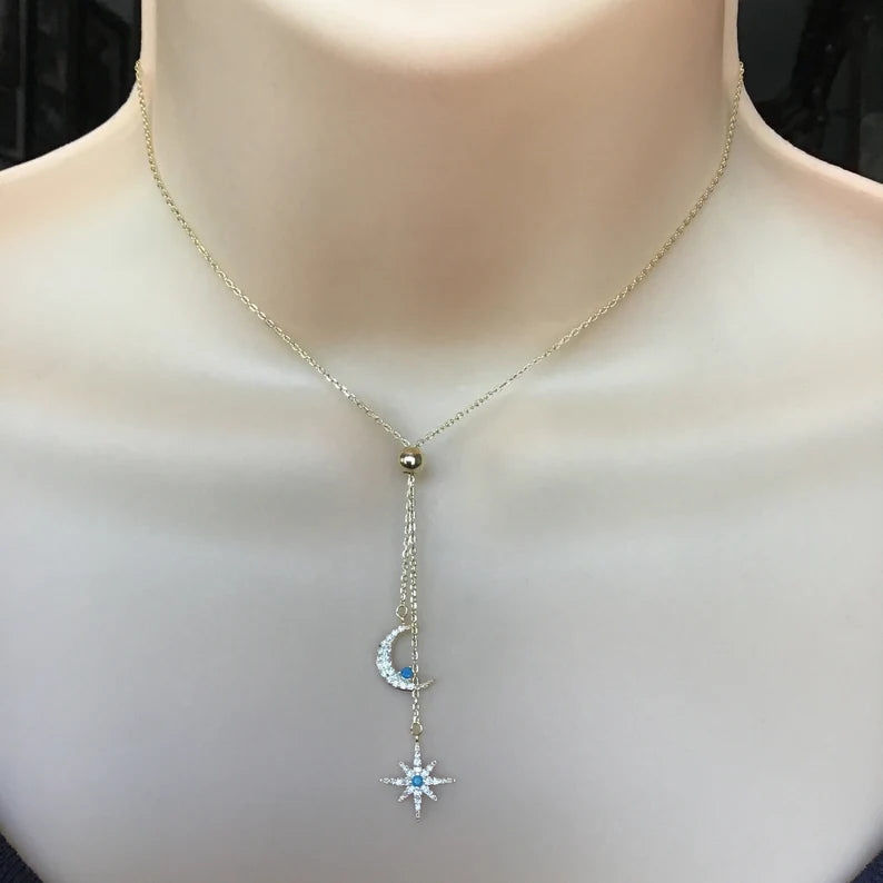 Moon and North Star Necklace in Sterling Silver