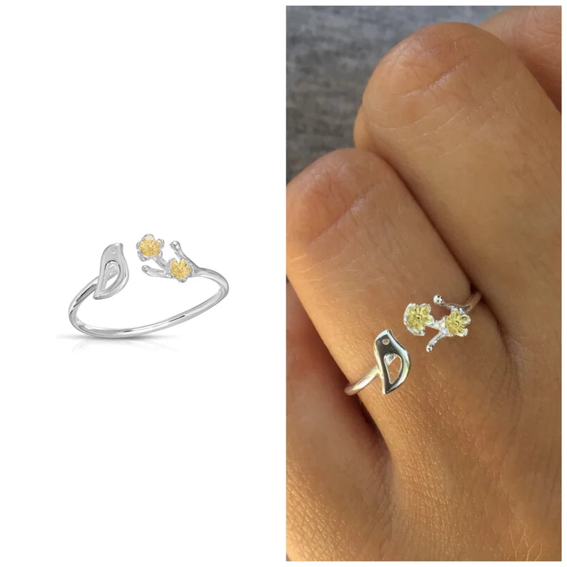 Silver bird and gold cherry blossom adjustable ring