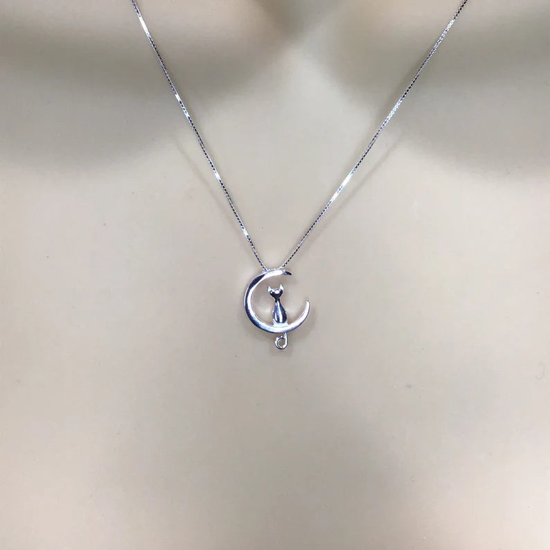 Sterling Silver Cat On The Moon Necklace