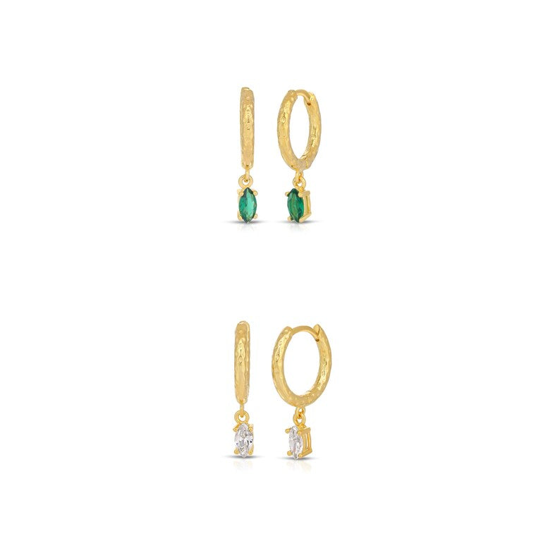 Bezel drop emerald and diamond hoop earring in sterling silver