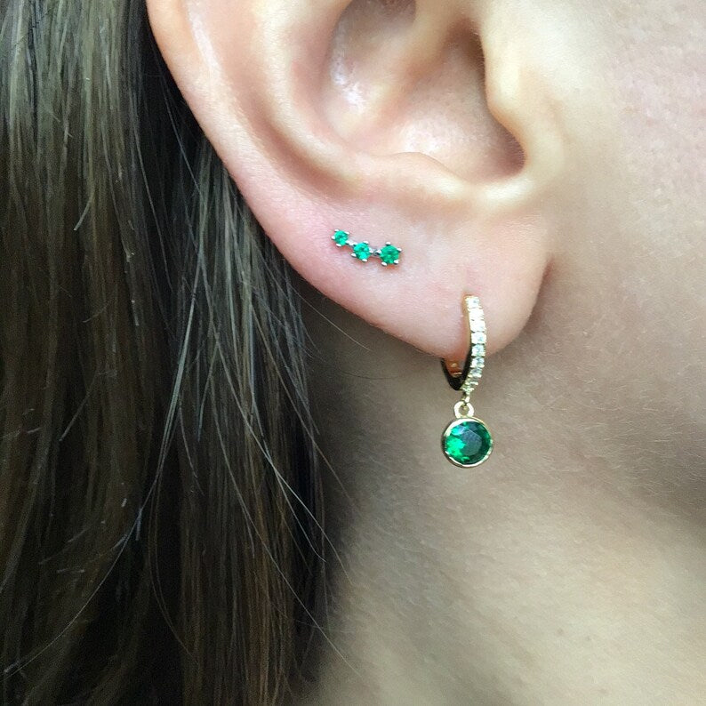 Dainty Dangle Green Simulated Emerald 925 Sterling Silver Hoop Earring