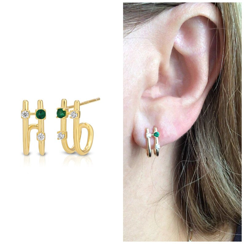Elegant emerald double hoop earring sterling silver