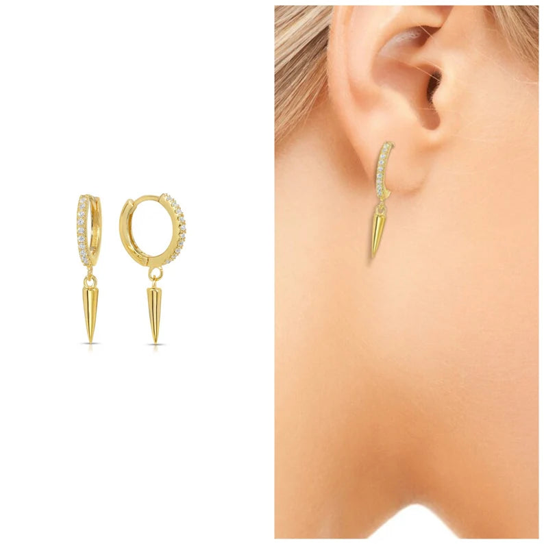 Silver Spike Small Hoop Earrings with Gems