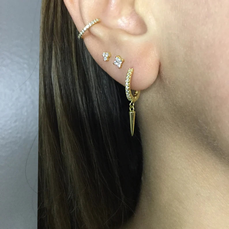 Silver Spike Small Hoop Earrings with Gems