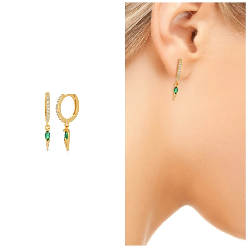 Spike tiny hoop earrings sterling silver-diamond, turquoise, emerald, onyx simulants