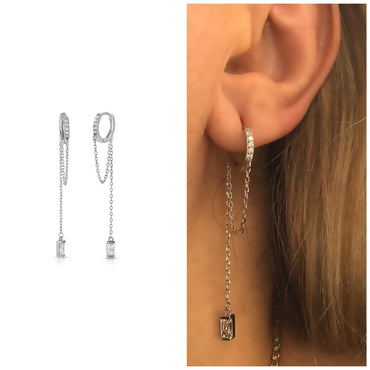 Sterling Silver Dangle Clear Bar Hoop Earrings