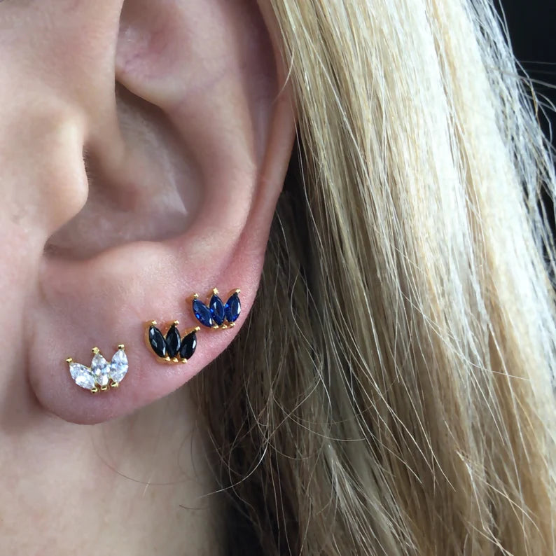 Crown stud earrings sterling silver-sapphire, emerald, onyx, diamond simulants