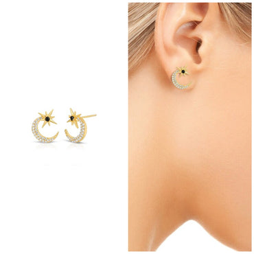 Dainty Onyx North Star and Crescent Moon Earring