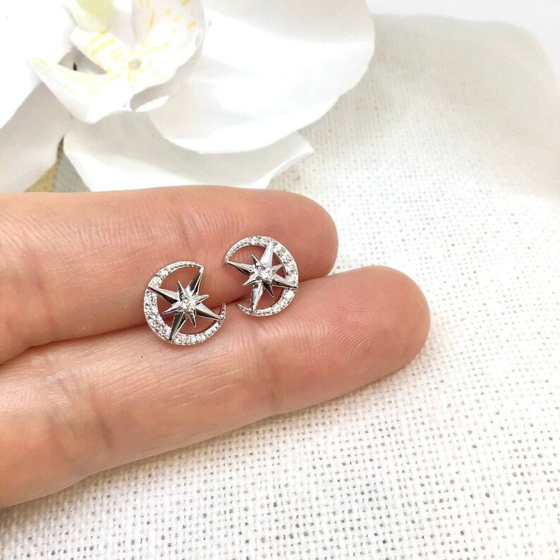 Moon and Star Earrings Sterling Silver