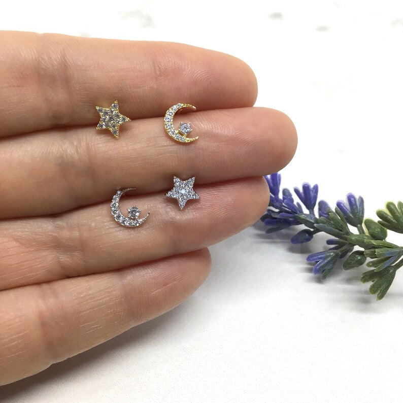 Moon and Star Stud Earrings