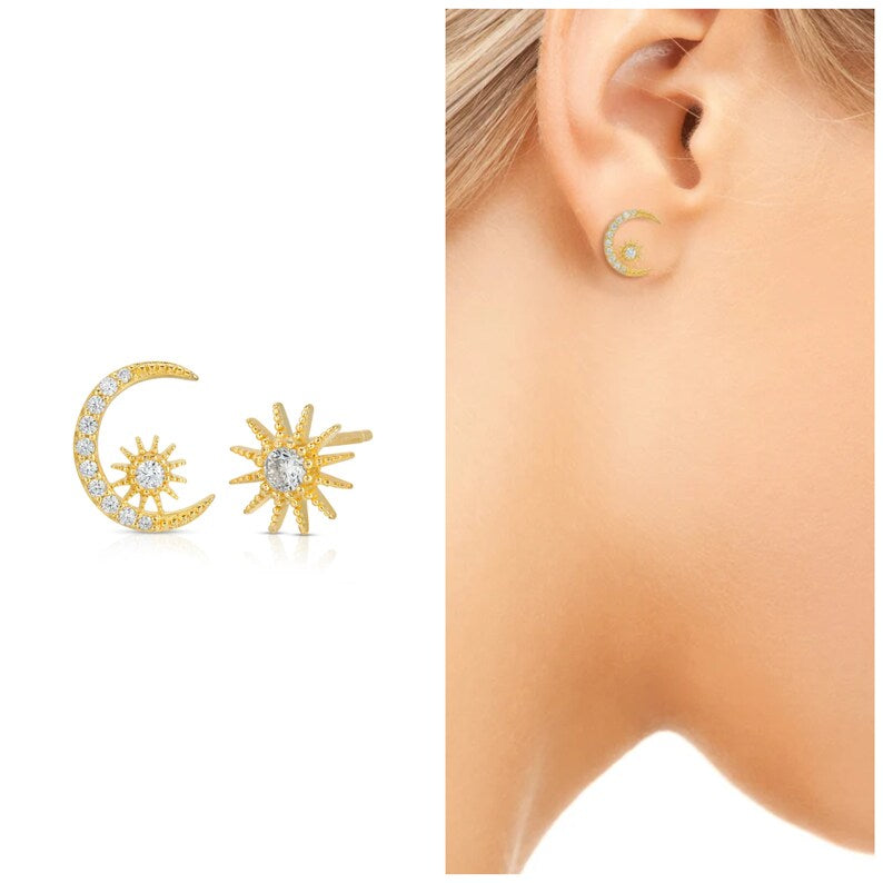 Moon Star and Sun Stud Earring Sterling Silver