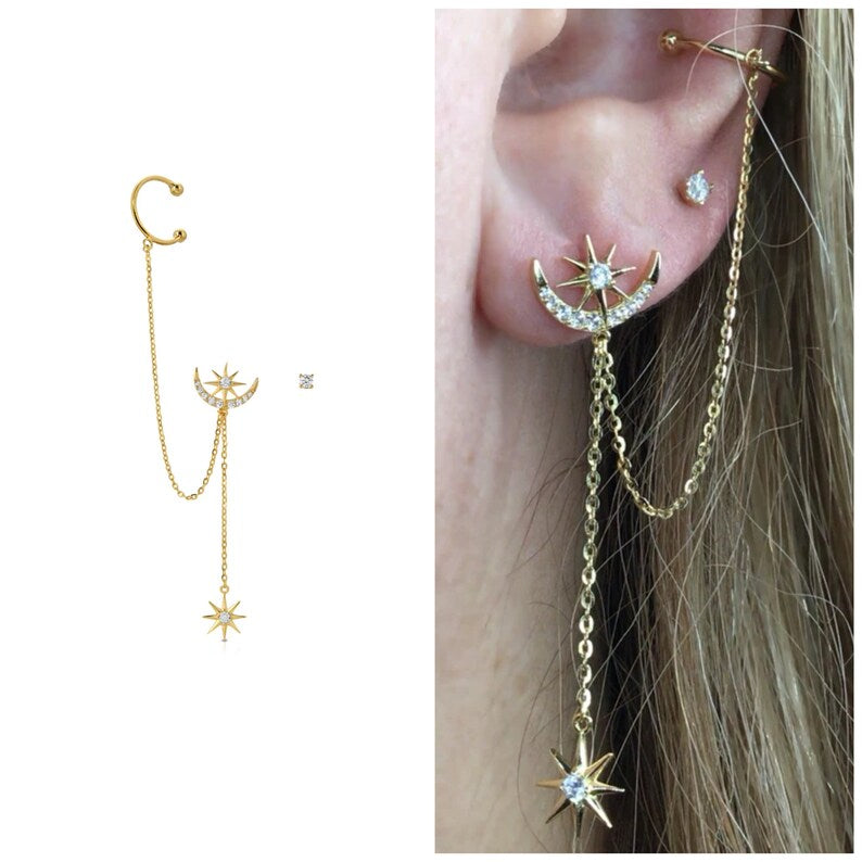 North Star stud earring with ear cuff and extra tiny earring