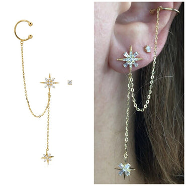 North Star stud earring with ear cuff and extra tiny earring