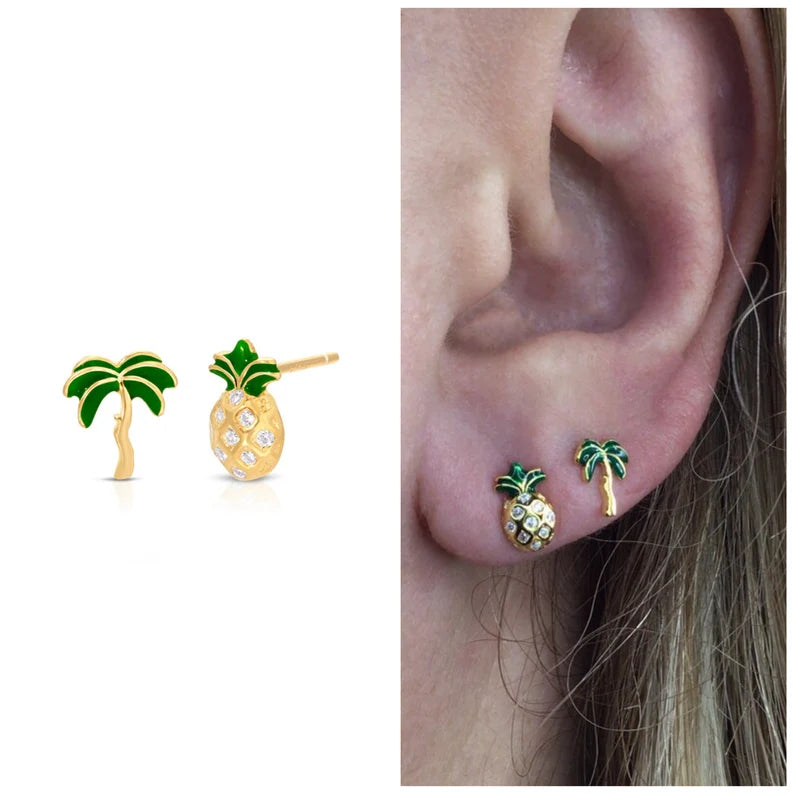 Pineapple and palm tree mismatched pair stud earrings sterling silver