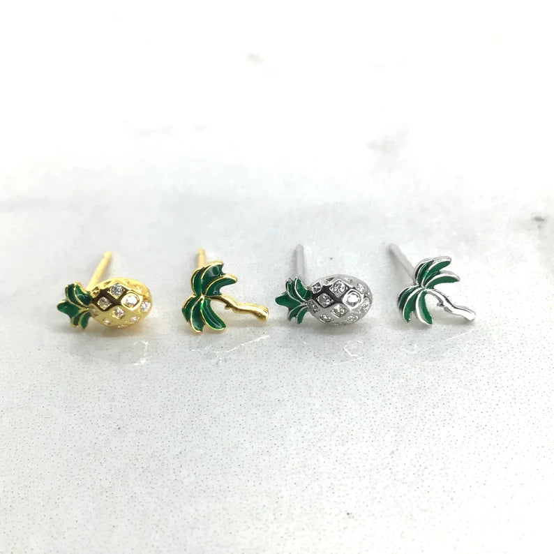 Pineapple and palm tree mismatched pair stud earrings sterling silver