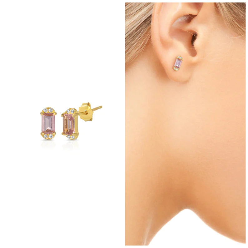Pink topaz baguette stud earring sterling silver