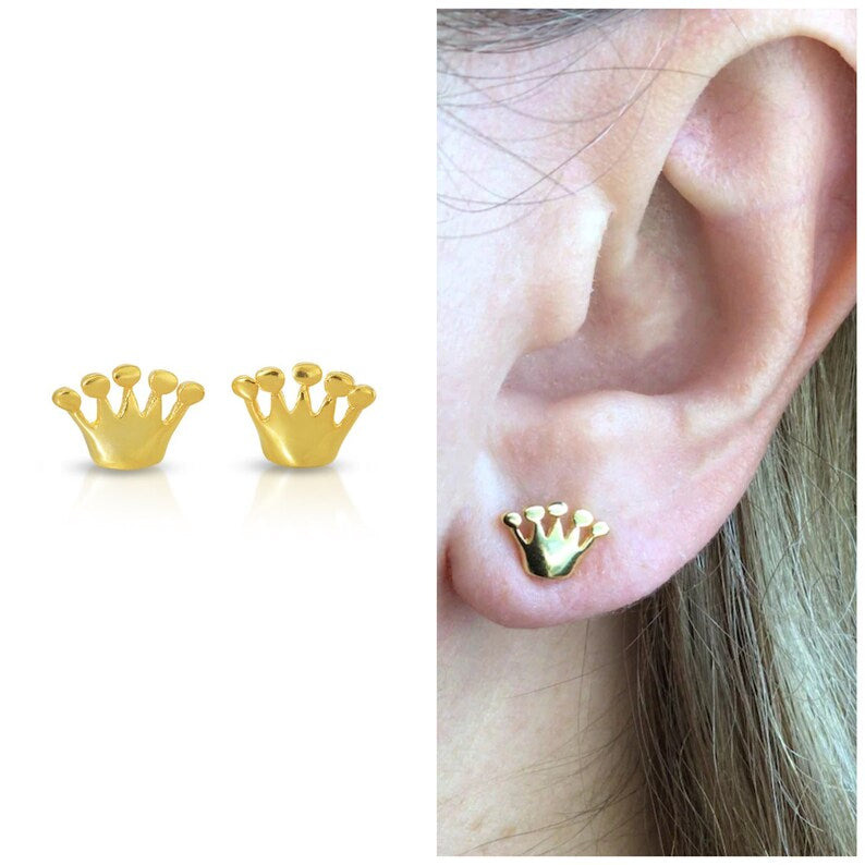 Buy Solid Gold Earrings, Crown Earrings, Tiny Stud Earrings, Gold Stud  Earrings, Gold Boho Earrings, Small Gold Earrings, Second Hole Earring  Online in India - Etsy