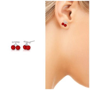 Red Cherry Stud Earring in Sterling Silver