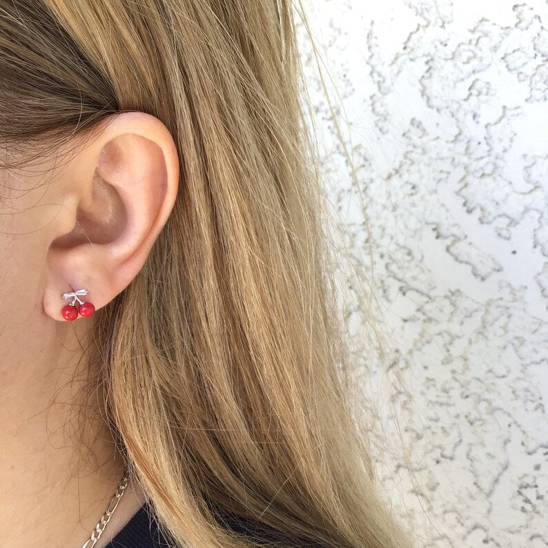 Red Cherry Stud Earring in Sterling Silver