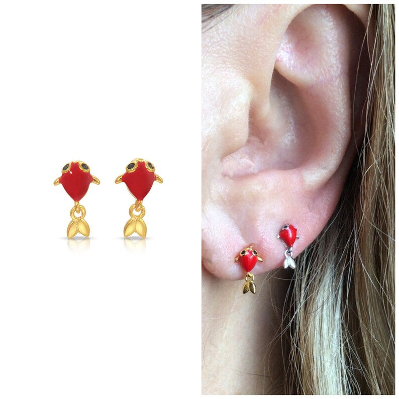 Red koi stud earrings sterling silver