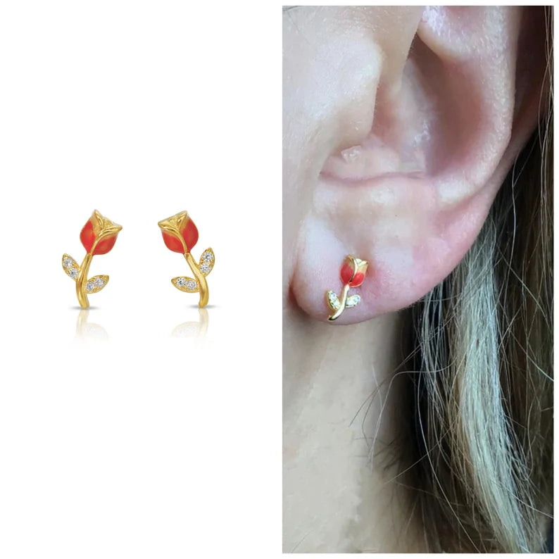 Red tulip stud earring sterling silver