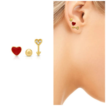 Set of 3 Stud Earrings Red Heart, Cupid's Arrow & Tiny Ball