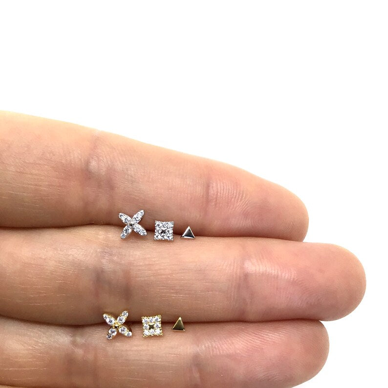 Set of 3 Teeny Tiny CZ Flower Sterling Silver Stud Earring