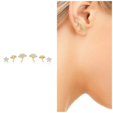 Set of 6 single gingko flower stud earring sterling silver