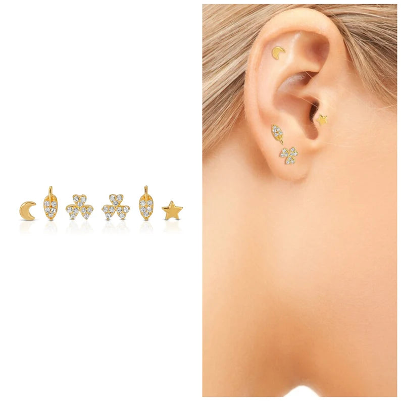 Set of 6 tiny single  tragus cartilage stud earring