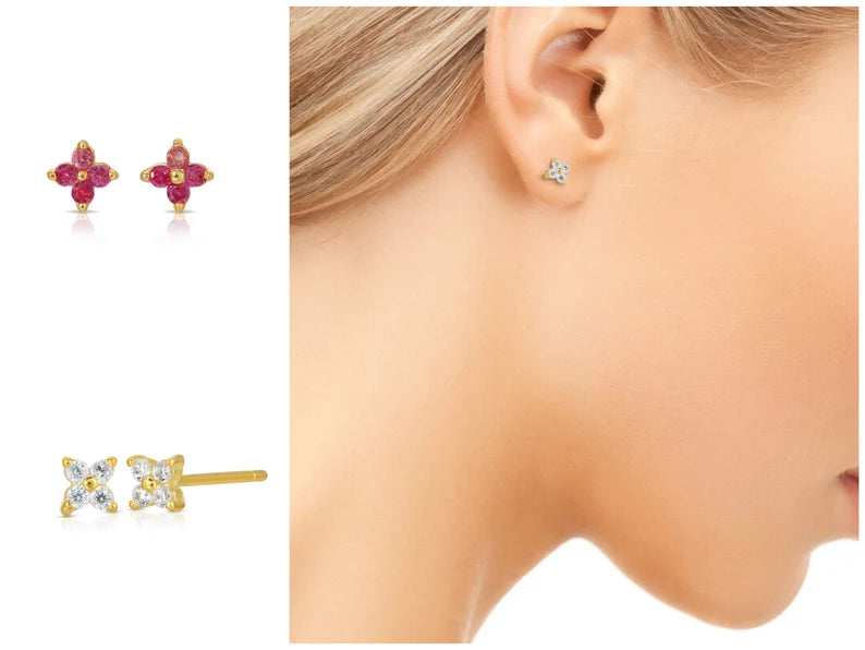 Tiny flower stud earring sterling silver - Diamond and Rubellite