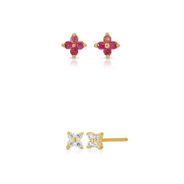 Tiny flower stud earring sterling silver - Diamond and Rubellite