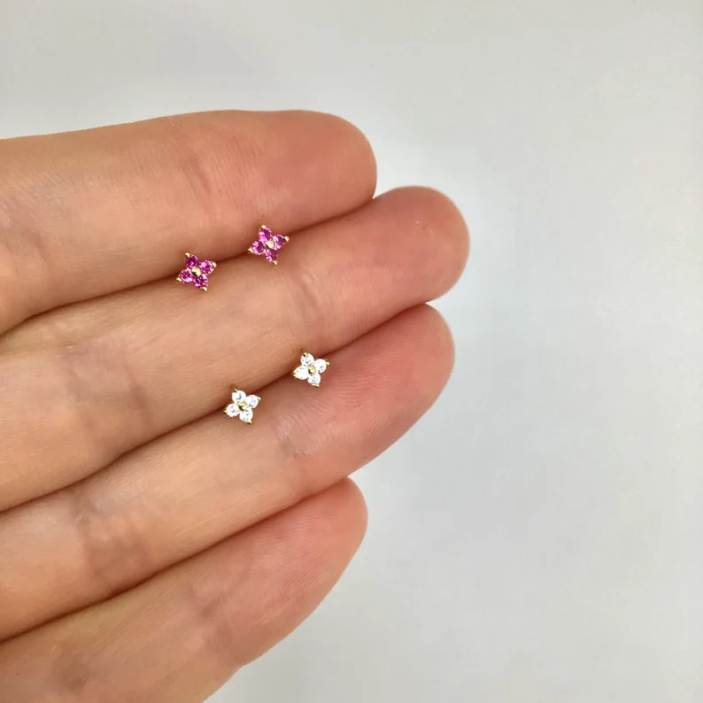 Tiny flower stud earring sterling silver - Diamond and Rubellite
