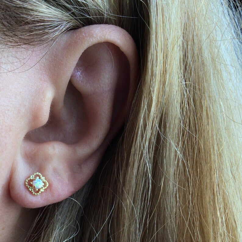 Tiny opal flower stud earring sterling silver