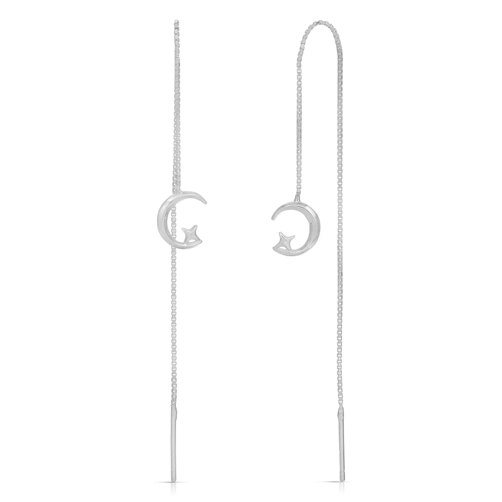 Crescent moon and star ear threader sterling silver