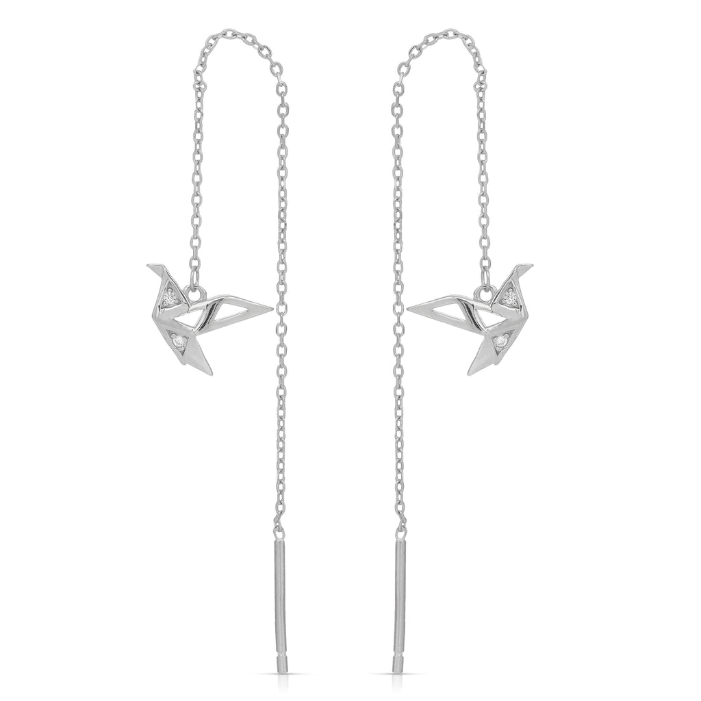 Sterling silver paper crane drop ear threader earring