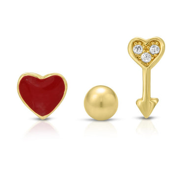 Set of 3 Stud Earrings Red Heart, Cupid's Arrow & Tiny Ball
