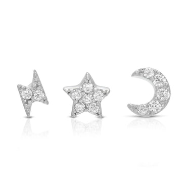 Set of 3 Tiny Moon, Star & Lightning Earring