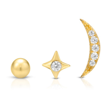 Set of 3, New Moon, Star & Tiny Planet Tragus Cartilage Earring